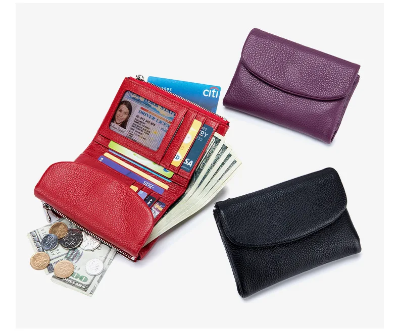 Coin Purse Genuine Cow Leather Short Wallet Trifold for Small Women's Purses Clutch Cowhide Card Holder Travel Card Wallets