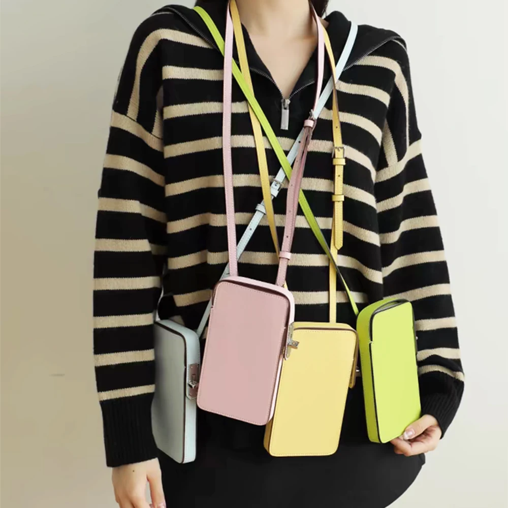 Luxury Design Phone Bag Woman Portable Genuine Leather Cross-body Bag Custom Name Fashion Casual Lady Shoulder Bag Card Wallet