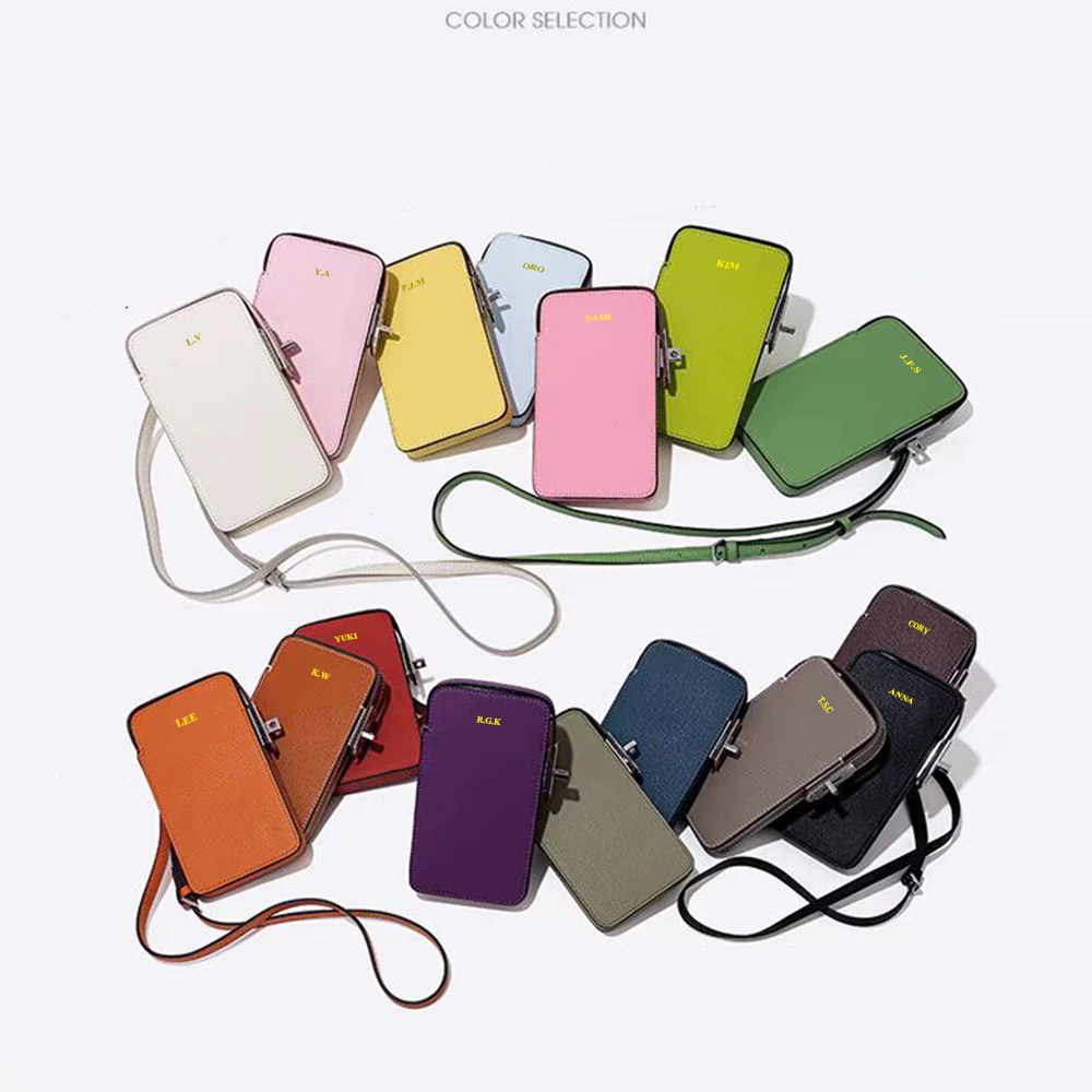 Luxury Design Phone Bag Woman Portable Genuine Leather Cross-body Bag Custom Name Fashion Casual Lady Shoulder Bag Card Wallet