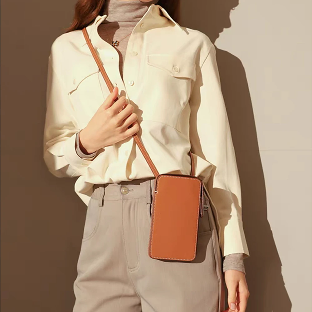 Luxury Design Phone Bag Woman Portable Genuine Leather Cross-body Bag Custom Name Fashion Casual Lady Shoulder Bag Card Wallet