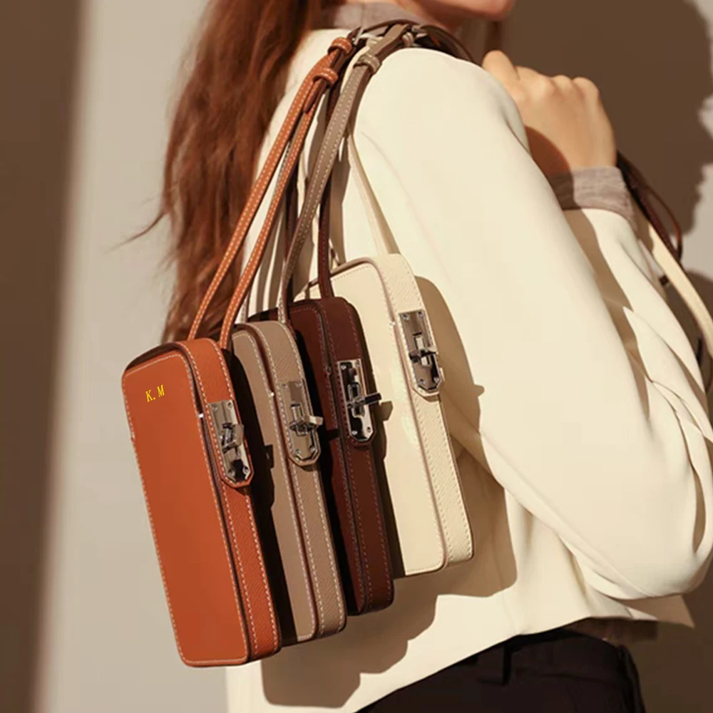 Luxury Design Phone Bag Woman Portable Genuine Leather Cross-body Bag Custom Name Fashion Casual Lady Shoulder Bag Card Wallet