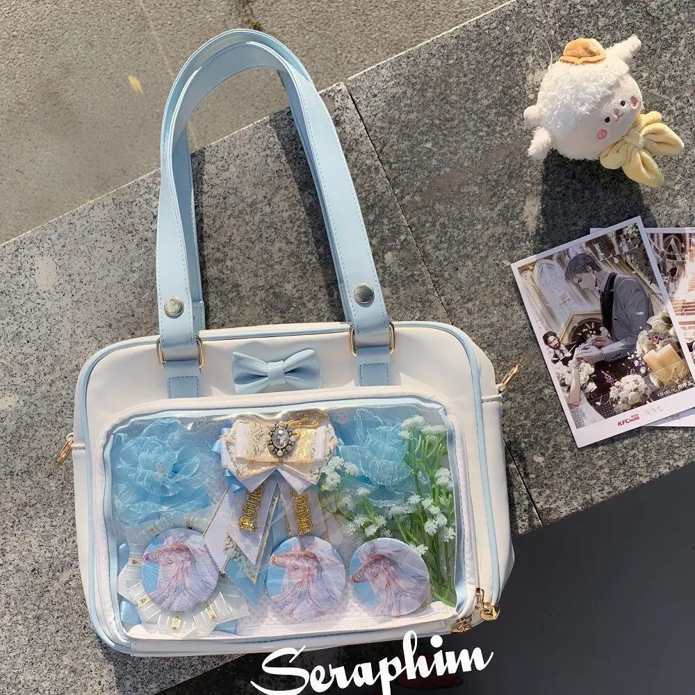 Y2K Cute Bow Ita Bag Girl Transparent Messenger Bag Women Fashion Shoulder Crossbody Bag Ladys DIY Badge Tote Bag Lolita Handbag