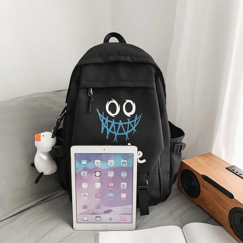 Pocket Front Backpack, Preppy Style Solid Color Nylon Bookbag, Kawaii Large Capacity Double Handle School Bag