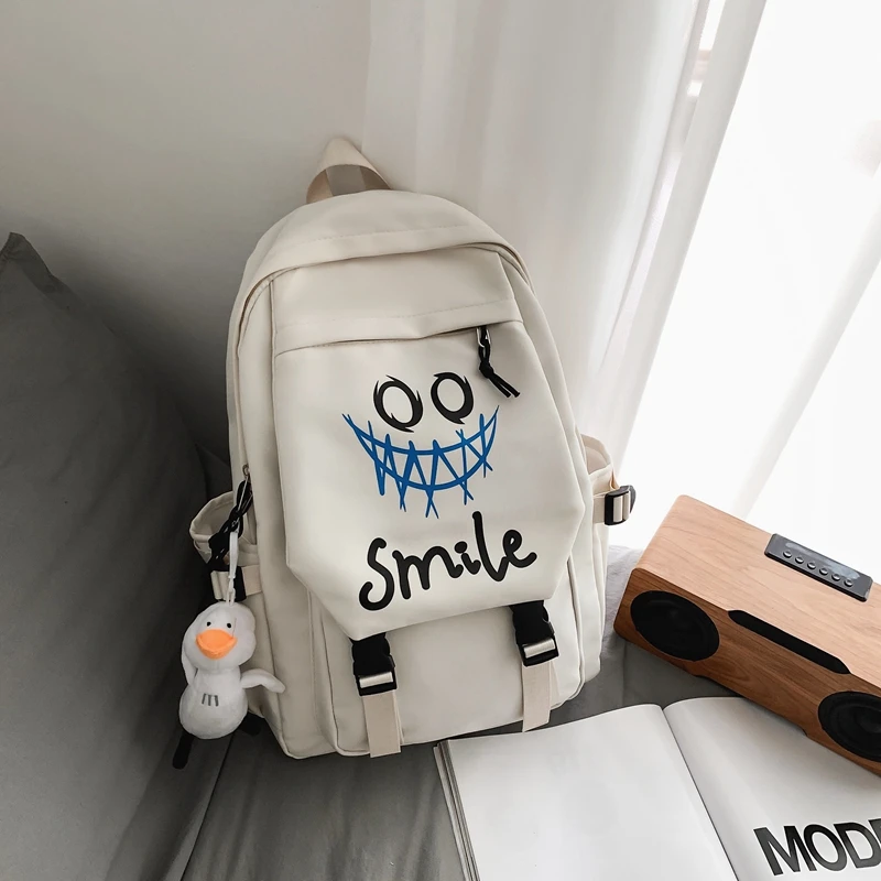 Pocket Front Backpack, Preppy Style Solid Color Nylon Bookbag, Kawaii Large Capacity Double Handle School Bag