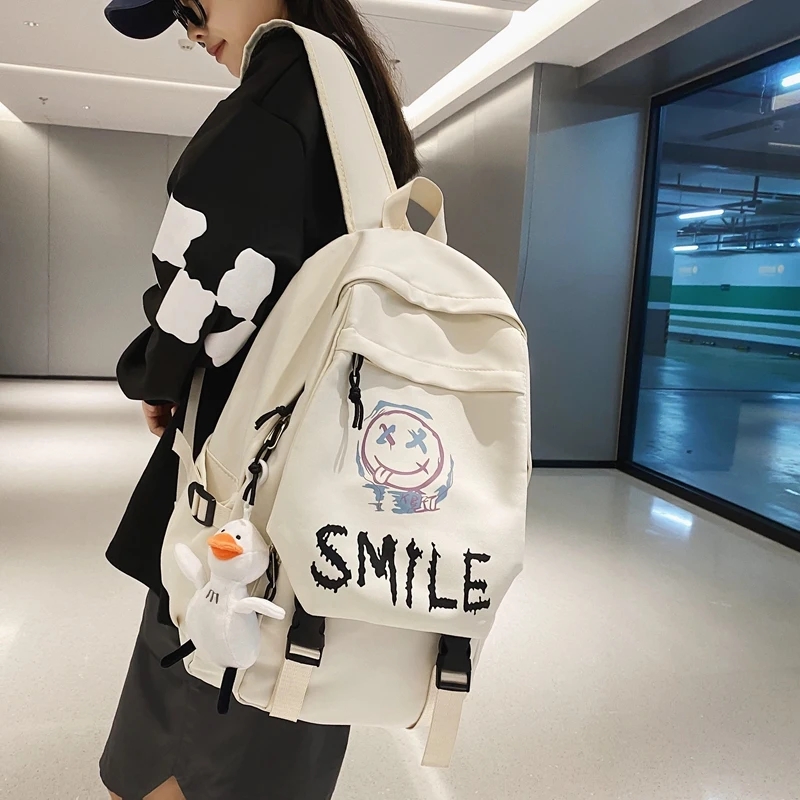 Pocket Front Backpack, Preppy Style Solid Color Nylon Bookbag, Kawaii Large Capacity Double Handle School Bag
