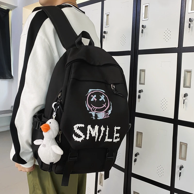 Pocket Front Backpack, Preppy Style Solid Color Nylon Bookbag, Kawaii Large Capacity Double Handle School Bag
