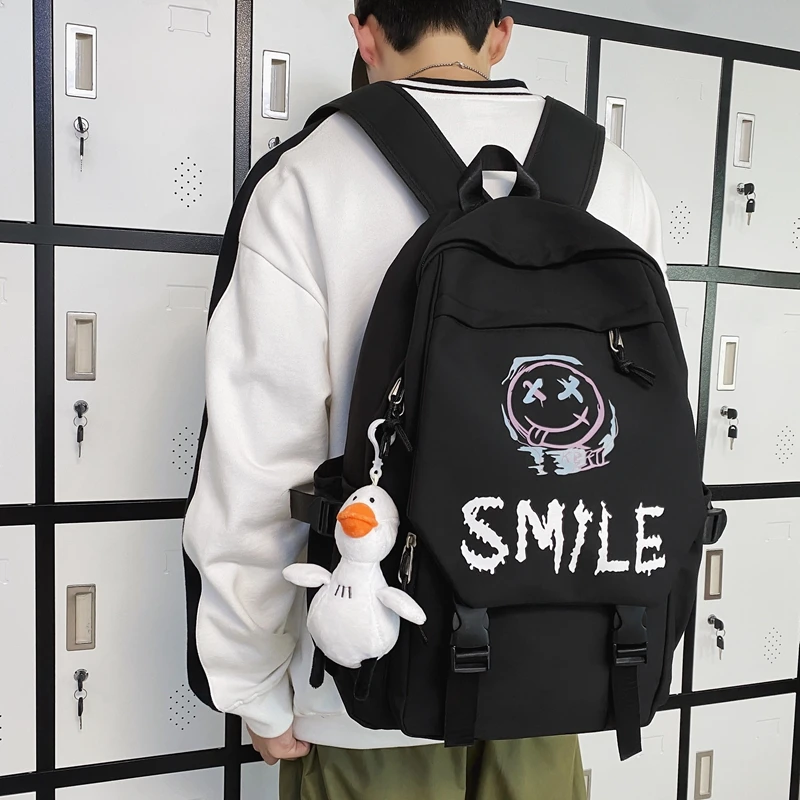 Pocket Front Backpack, Preppy Style Solid Color Nylon Bookbag, Kawaii Large Capacity Double Handle School Bag