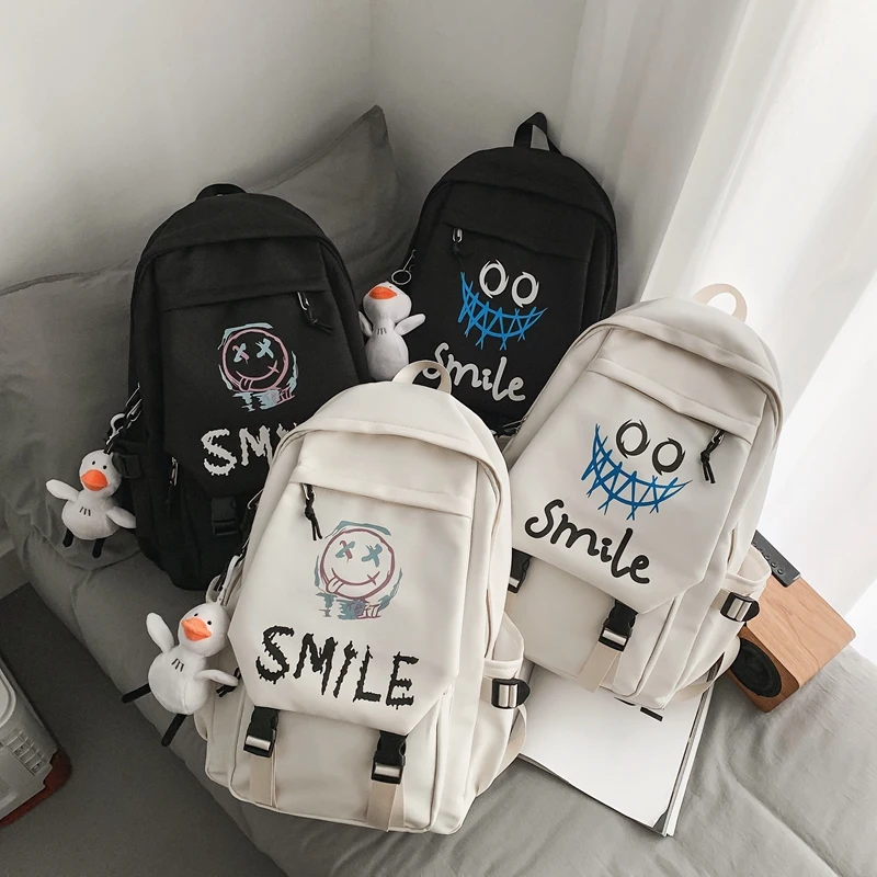 Pocket Front Backpack, Preppy Style Solid Color Nylon Bookbag, Kawaii Large Capacity Double Handle School Bag