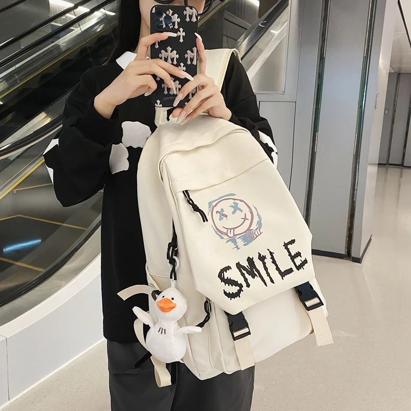 Pocket Front Backpack, Preppy Style Solid Color Nylon Bookbag, Kawaii Large Capacity Double Handle School Bag
