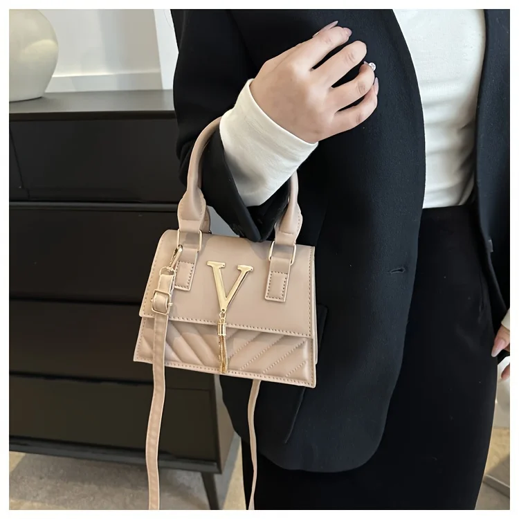 Fashion Quilted Top-Handle Bag, Gold V-Shape Tassel Hardware Satchel with Detachable Strap, Elegant Crossbody Purse for Women