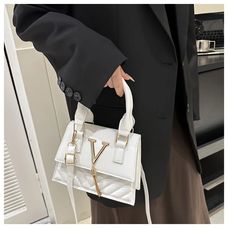 Fashion Quilted Top-Handle Bag, Gold V-Shape Tassel Hardware Satchel with Detachable Strap, Elegant Crossbody Purse for Women