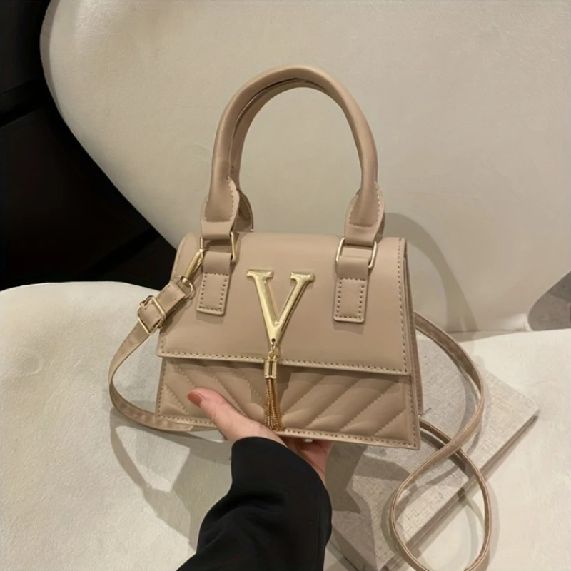 Fashion Quilted Top-Handle Bag, Gold V-Shape Tassel Hardware Satchel with Detachable Strap, Elegant Crossbody Purse for Women