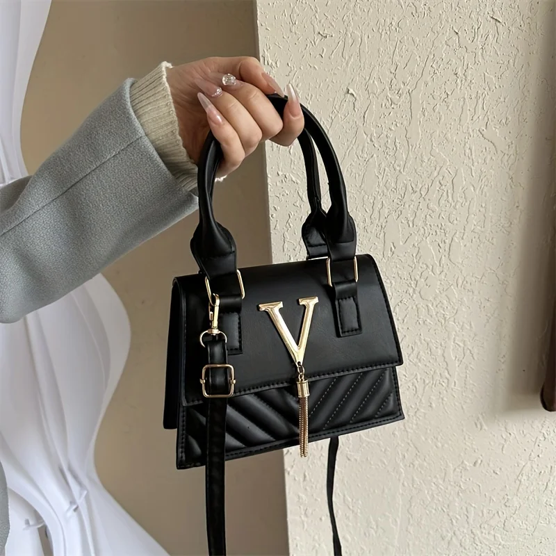 Fashion Quilted Top-Handle Bag, Gold V-Shape Tassel Hardware Satchel with Detachable Strap, Elegant Crossbody Purse for Women