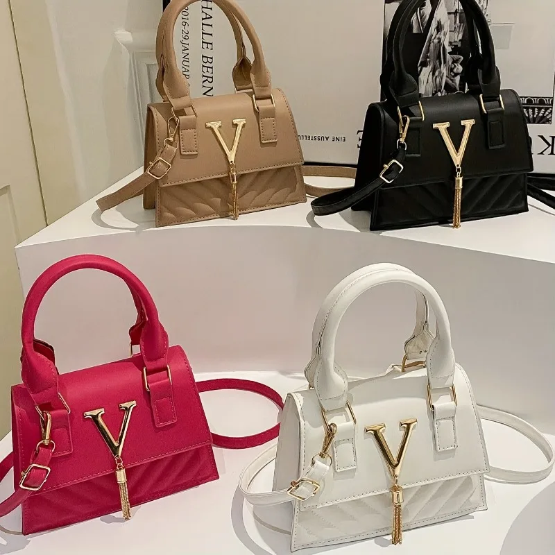 Fashion Quilted Top-Handle Bag, Gold V-Shape Tassel Hardware Satchel with Detachable Strap, Elegant Crossbody Purse for Women