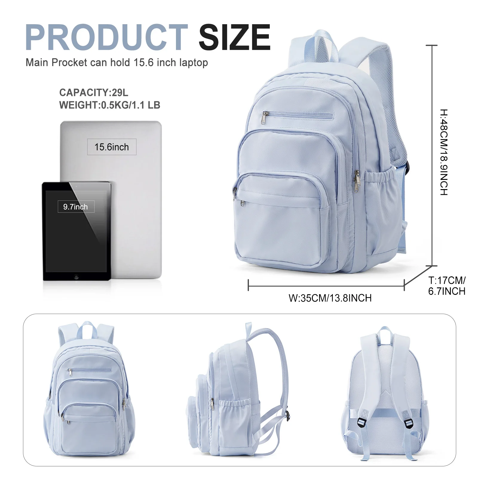 Casual Nylon Backpack, Backpack for Women, Multi-Pocket Design in Light Blue Durable for School, High School and College Bookbag