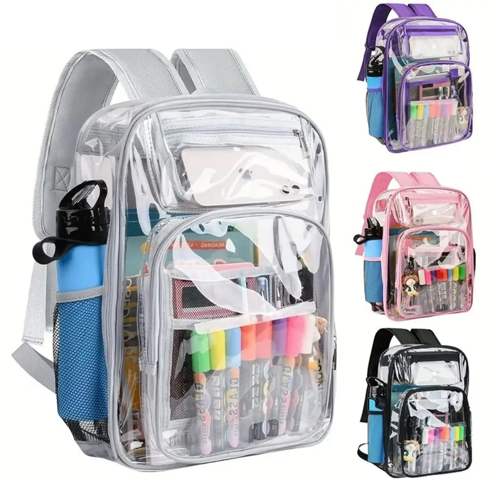 PVC Clear Backpack Large Capacity Waterproof Students Bookbag with Multi-pockets See Through Transparent Backpack School