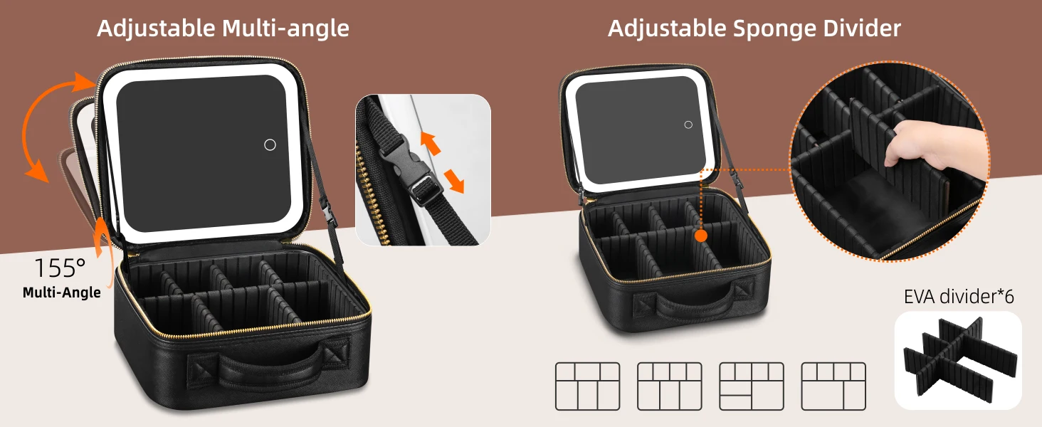 Travel Makeup Bag with Mirror of LED Lighted Portable Train Case with Adjustable Dividers and Detachable 10x Magnifying Mirror