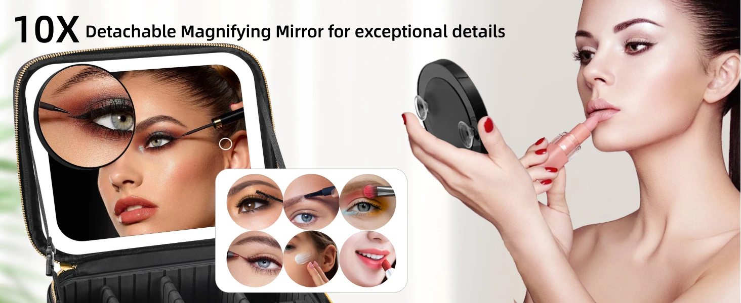 Travel Makeup Bag with Mirror of LED Lighted Portable Train Case with Adjustable Dividers and Detachable 10x Magnifying Mirror