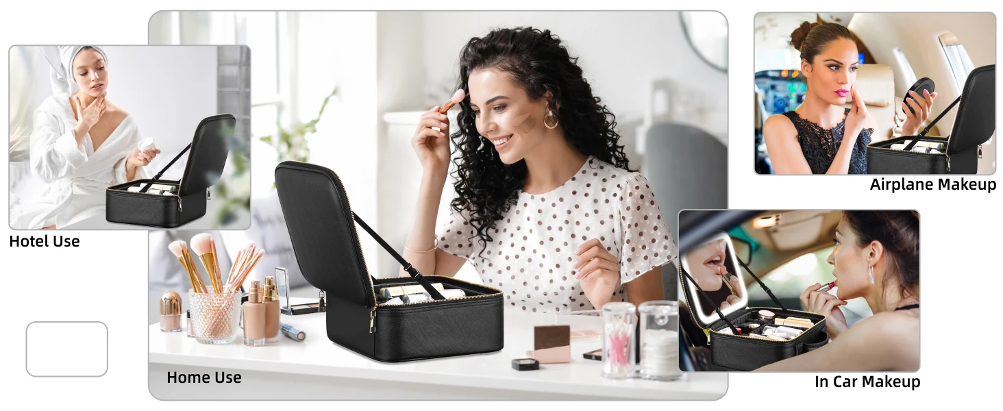 Travel Makeup Bag with Mirror of LED Lighted Portable Train Case with Adjustable Dividers and Detachable 10x Magnifying Mirror