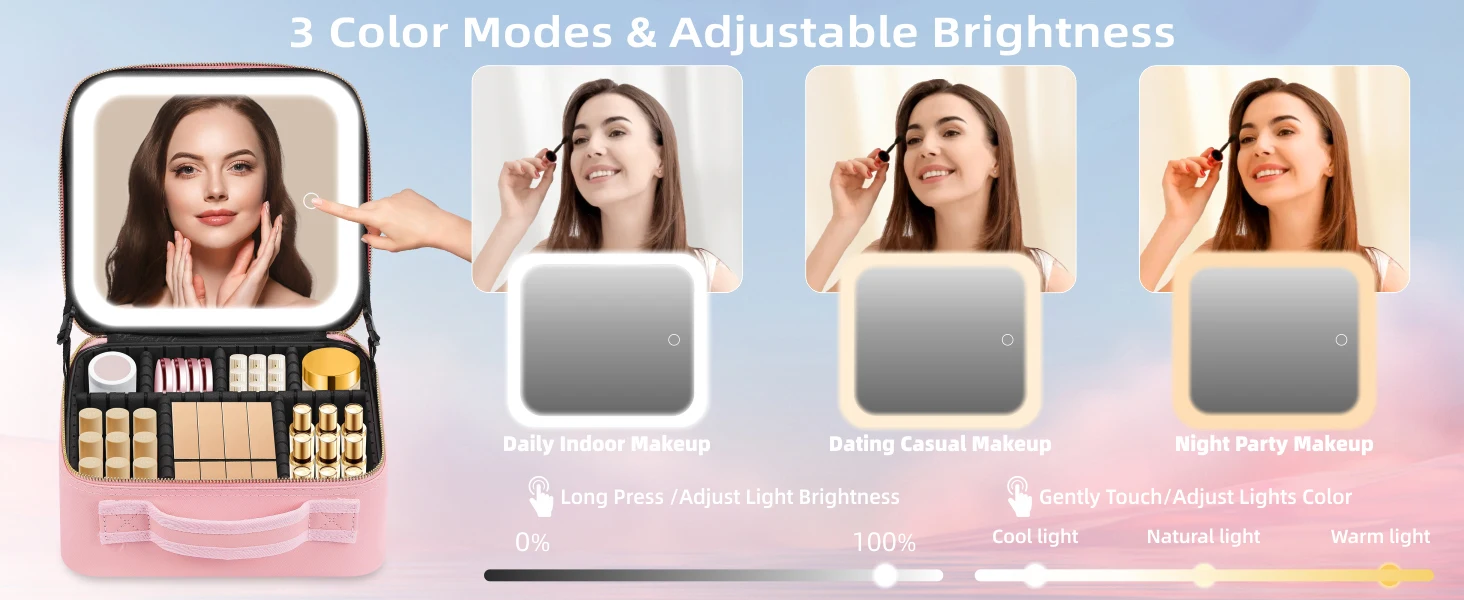 Travel Makeup Bag with Mirror of LED Lighted Portable Train Case with Adjustable Dividers and Detachable 10x Magnifying Mirror