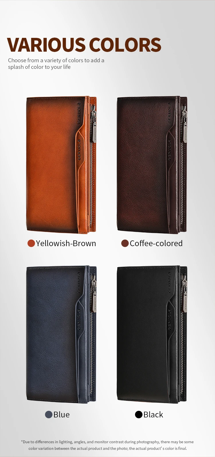 New Men's Genuine Leather Wallet Long Cowhide Handbag Travel Lightweight Minimalist Large Capacity Anti-Theft Gradient Yellow Br