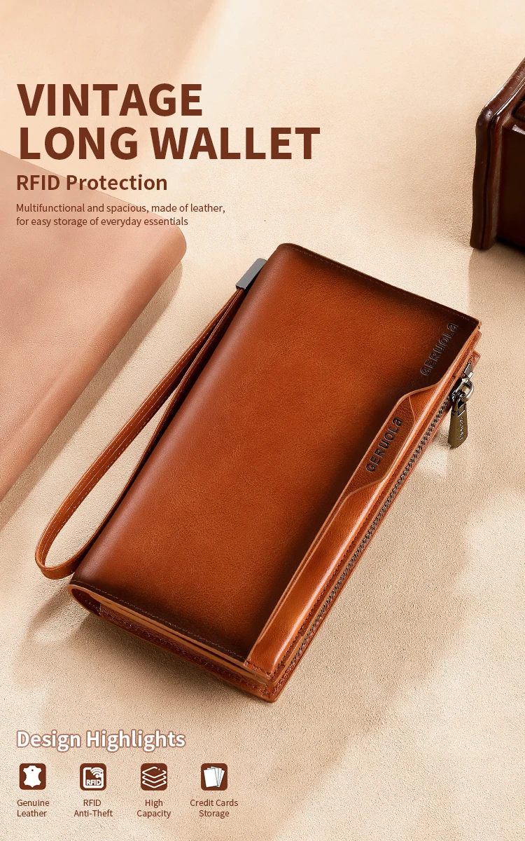 New Men's Genuine Leather Wallet Long Cowhide Handbag Travel Lightweight Minimalist Large Capacity Anti-Theft Gradient Yellow Br