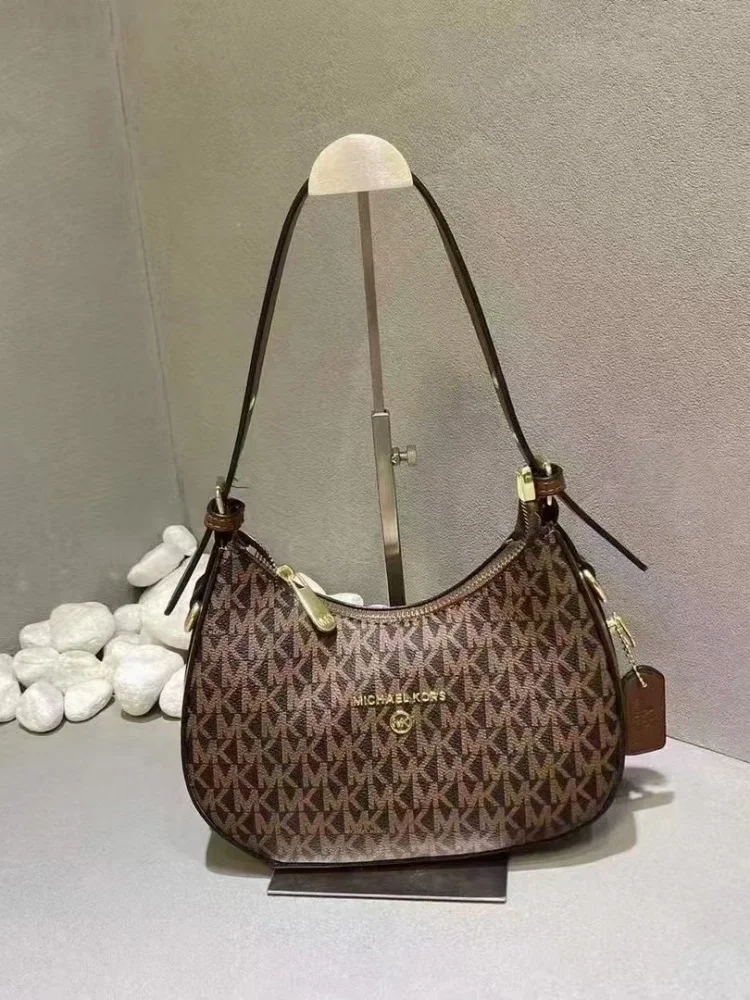 2026 Michael Kors Women's Single Shoulder Crossbody Bag Classic Letter Printed Crescent Bag MK Fashion Commuter Bag