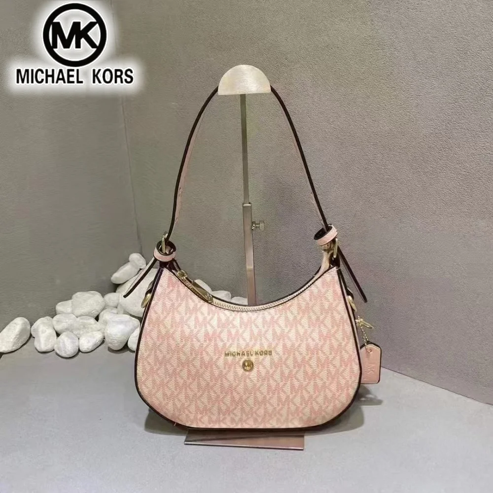 2026 Michael Kors Women's Single Shoulder Crossbody Bag Classic Letter Printed Crescent Bag MK Fashion Commuter Bag