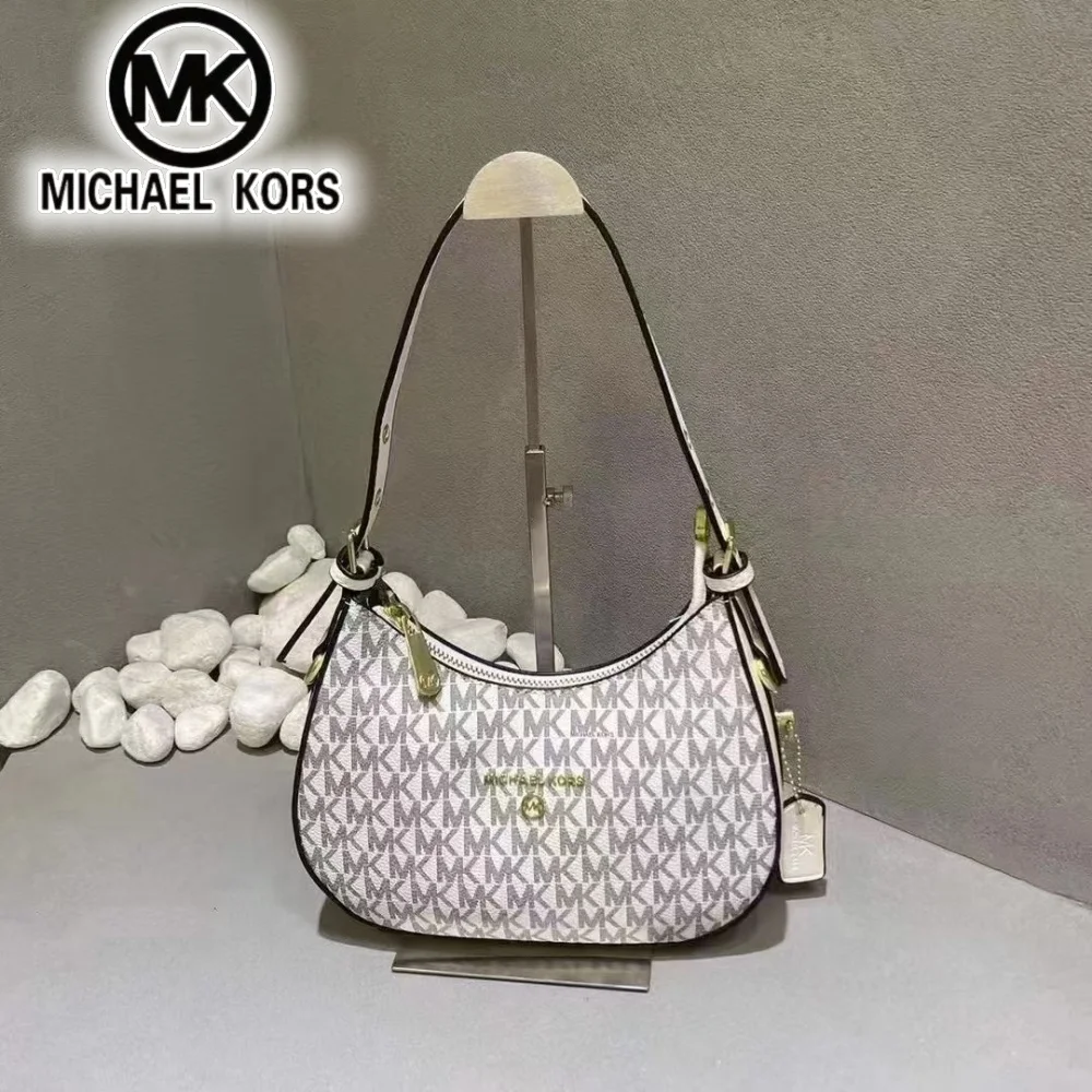 2026 Michael Kors Women's Single Shoulder Crossbody Bag Classic Letter Printed Crescent Bag MK Fashion Commuter Bag