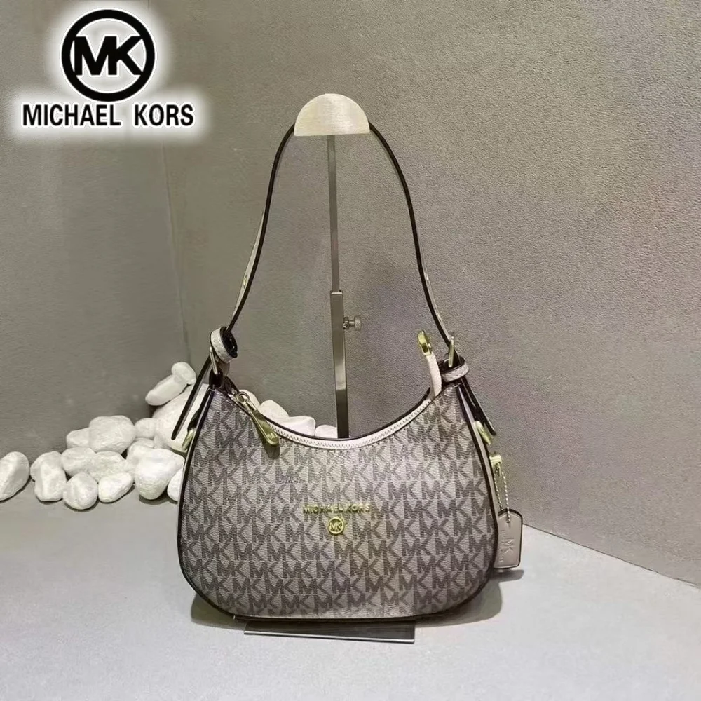 2026 Michael Kors Women's Single Shoulder Crossbody Bag Classic Letter Printed Crescent Bag MK Fashion Commuter Bag