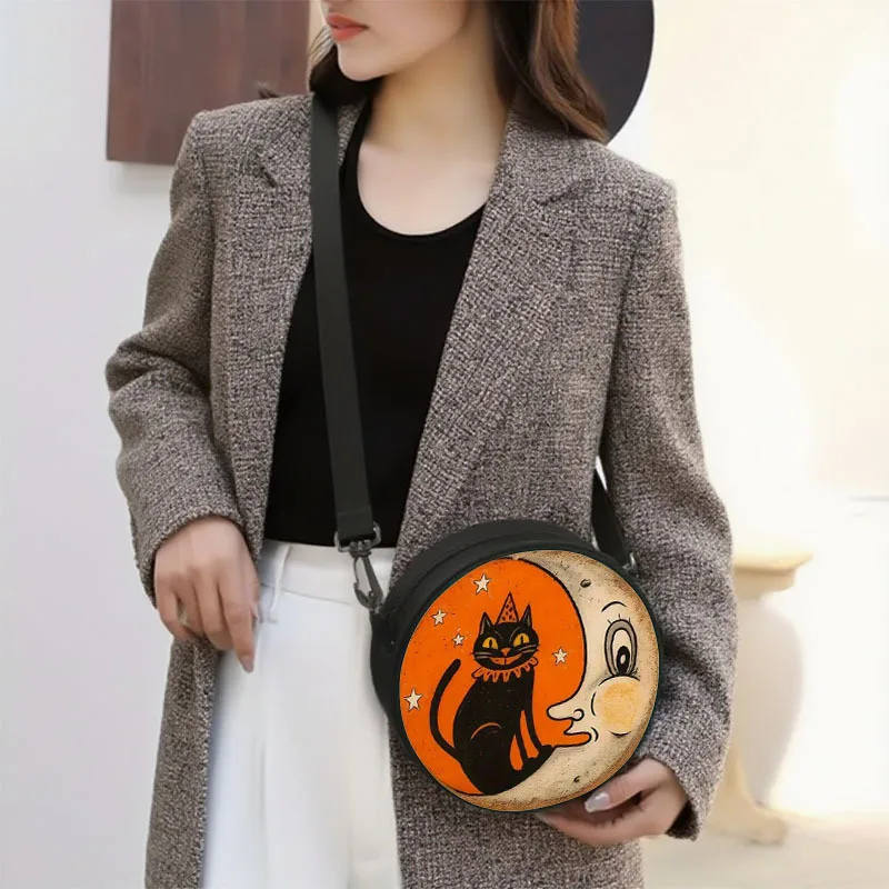 Women Orange White Cat Moon Round Crossbody Bag, Soft Light Zipper Shoulder Bag, Trendy Handbag for Work Shopping Travel
