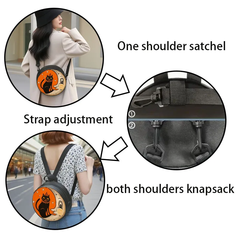 Women Orange White Cat Moon Round Crossbody Bag, Soft Light Zipper Shoulder Bag, Trendy Handbag for Work Shopping Travel