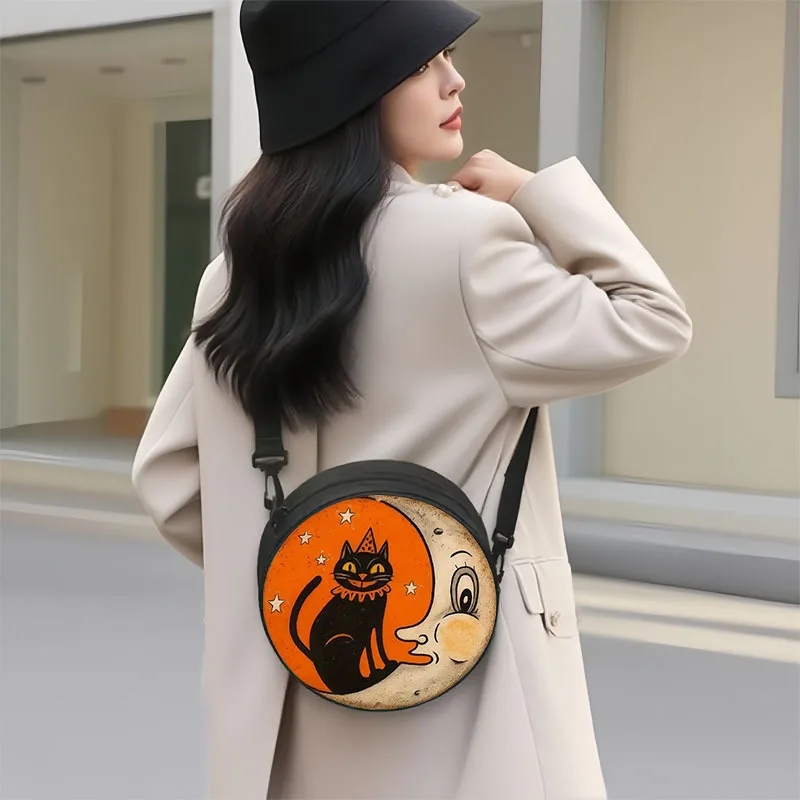 Women Orange White Cat Moon Round Crossbody Bag, Soft Light Zipper Shoulder Bag, Trendy Handbag for Work Shopping Travel