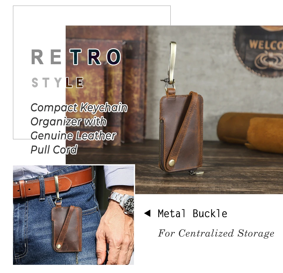 CONTACT'S Genuine Leather Key Wallets for Men Large Metal Hook Luxury Car Key Pouch Zipper Key Case Leather Key Organizer Male