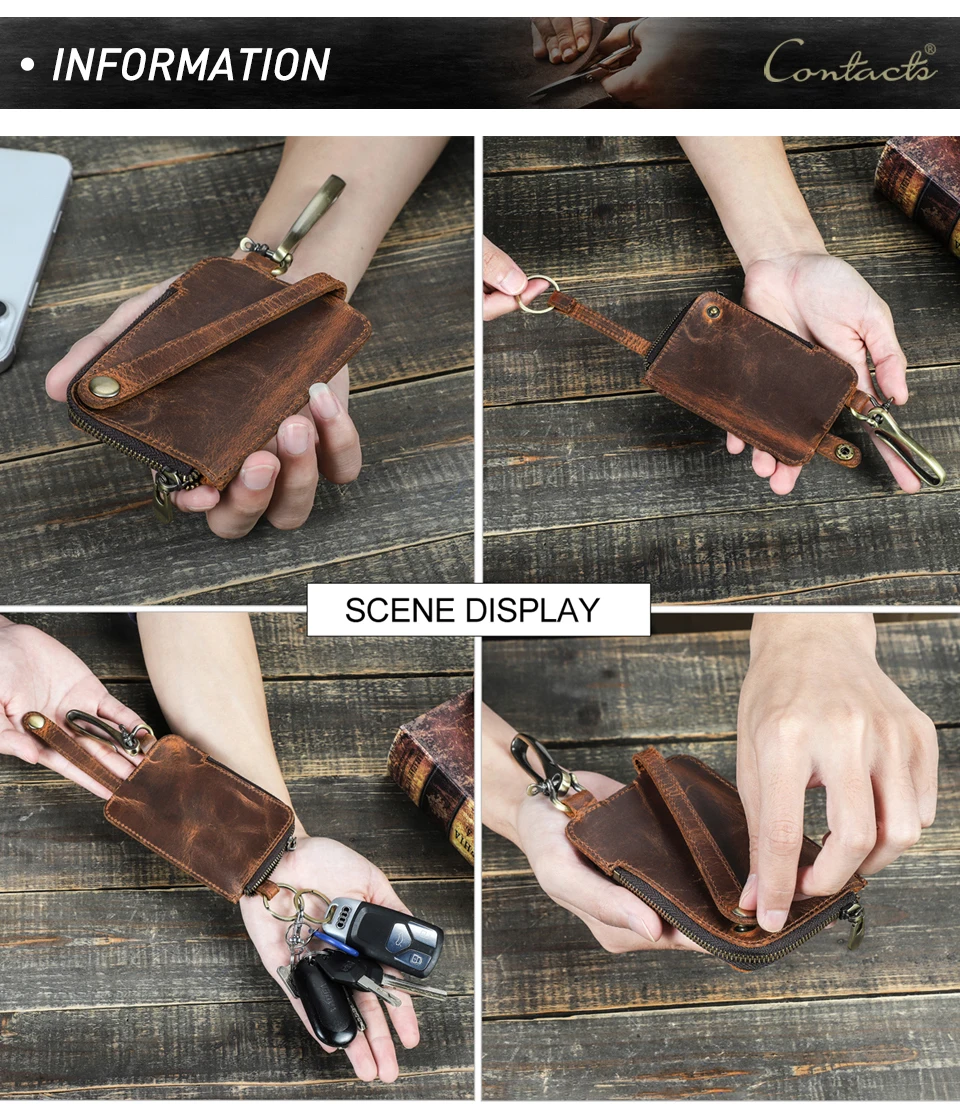 CONTACT'S Genuine Leather Key Wallets for Men Large Metal Hook Luxury Car Key Pouch Zipper Key Case Leather Key Organizer Male