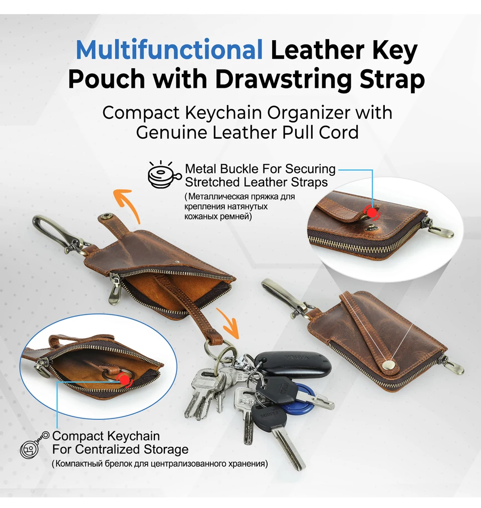CONTACT'S Genuine Leather Key Wallets for Men Large Metal Hook Luxury Car Key Pouch Zipper Key Case Leather Key Organizer Male