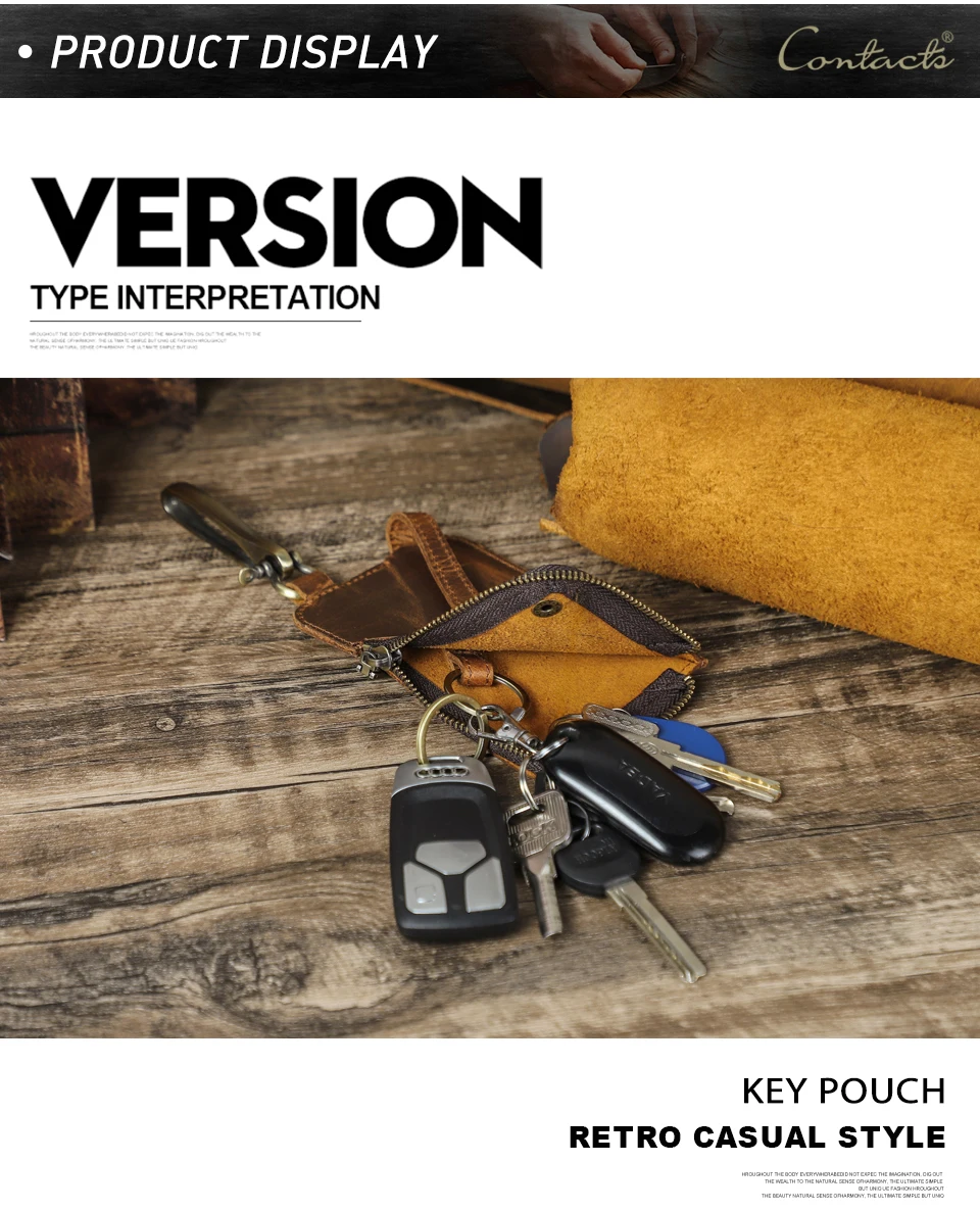 CONTACT'S Genuine Leather Key Wallets for Men Large Metal Hook Luxury Car Key Pouch Zipper Key Case Leather Key Organizer Male