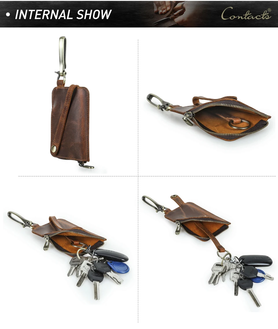 CONTACT'S Genuine Leather Key Wallets for Men Large Metal Hook Luxury Car Key Pouch Zipper Key Case Leather Key Organizer Male