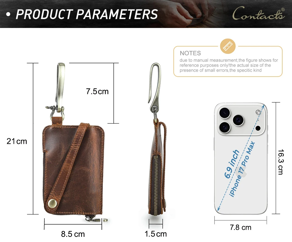 CONTACT'S Genuine Leather Key Wallets for Men Large Metal Hook Luxury Car Key Pouch Zipper Key Case Leather Key Organizer Male
