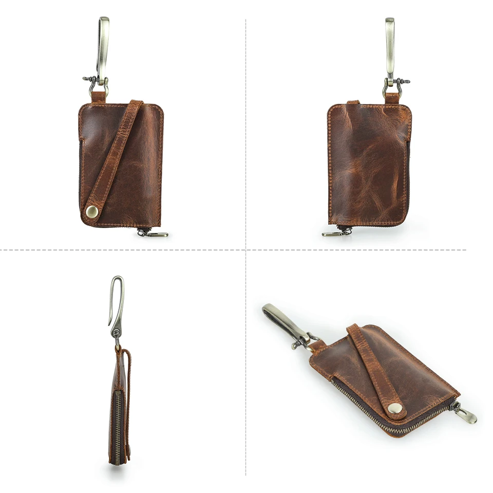 CONTACT'S Genuine Leather Key Wallets for Men Large Metal Hook Luxury Car Key Pouch Zipper Key Case Leather Key Organizer Male