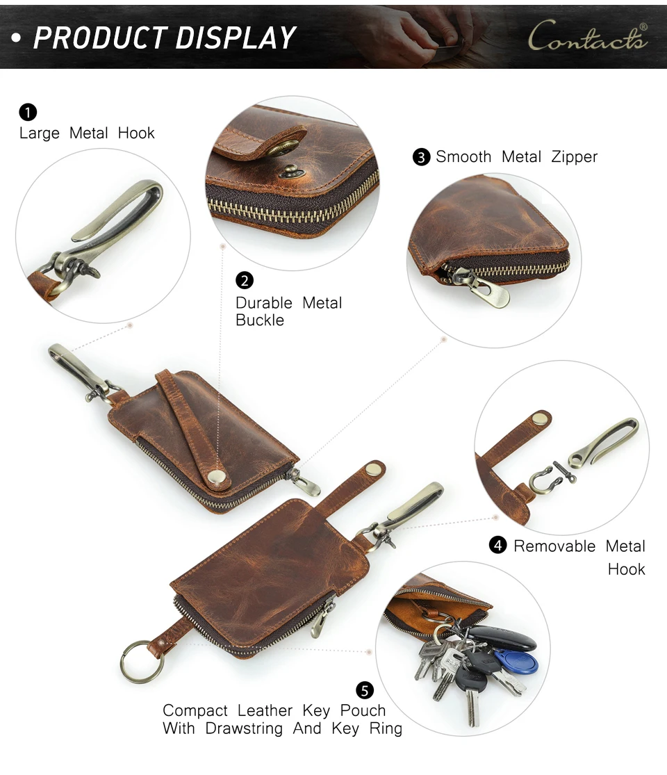 CONTACT'S Genuine Leather Key Wallets for Men Large Metal Hook Luxury Car Key Pouch Zipper Key Case Leather Key Organizer Male