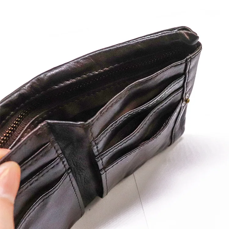 Top Quality Genuine Cow Leather Men Retro Wallets Zipper Short Coin Pocket Card Holder Coin Pocket Simple Soft Male Wallets