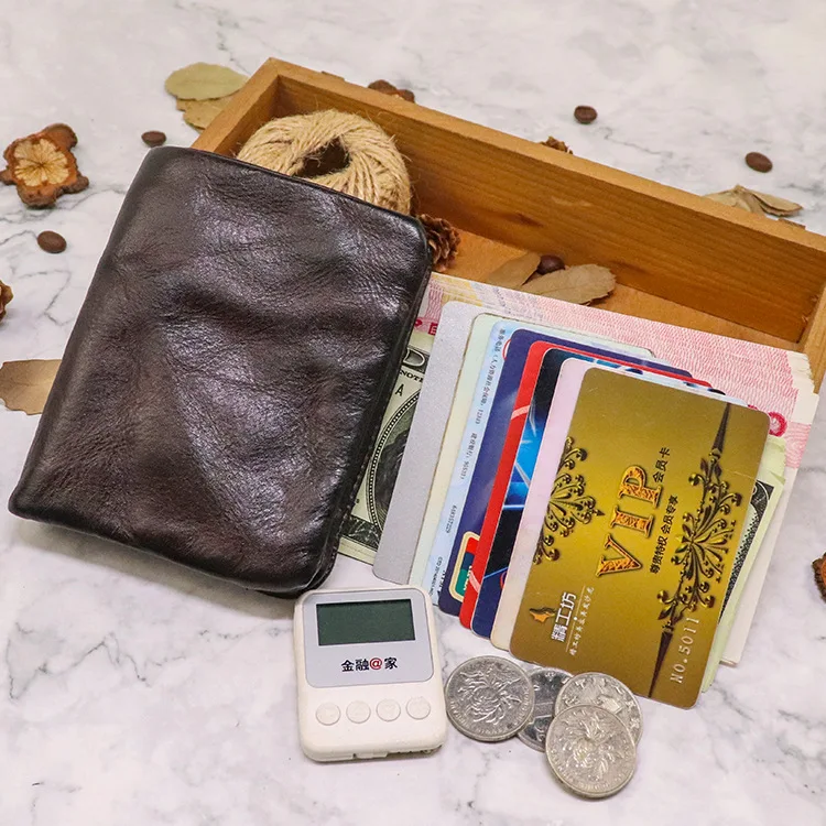 Top Quality Genuine Cow Leather Men Retro Wallets Zipper Short Coin Pocket Card Holder Coin Pocket Simple Soft Male Wallets