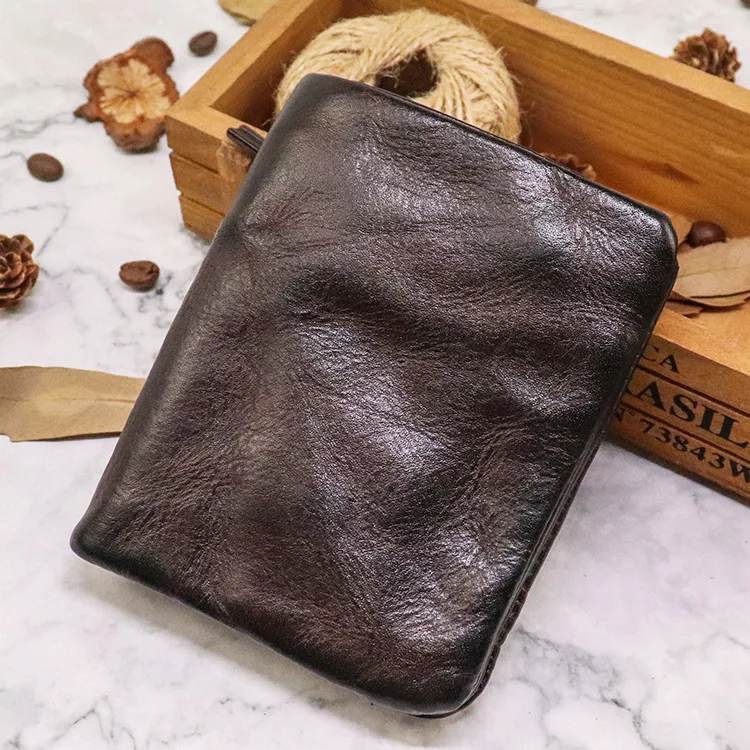 Top Quality Genuine Cow Leather Men Retro Wallets Zipper Short Coin Pocket Card Holder Coin Pocket Simple Soft Male Wallets
