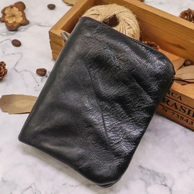 Top Quality Genuine Cow Leather Men Retro Wallets Zipper Short Coin Pocket Card Holder Coin Pocket Simple Soft Male Wallets