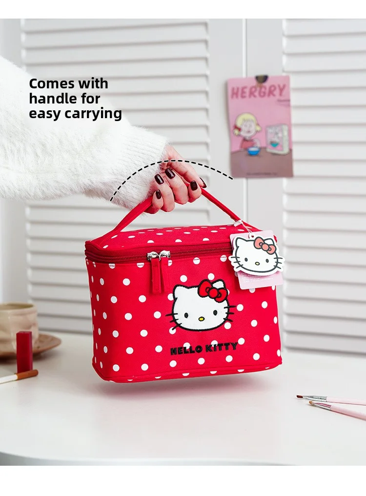 Cute Hello Kitty Portable Travel Storage Bag, Cat Polka Dot Makeup Bag, Large-Capacity Partitioned Cosmetic Storage Box