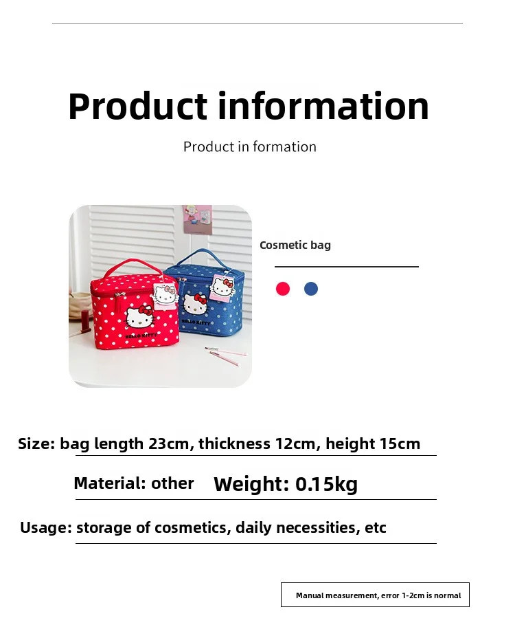 Cute Hello Kitty Portable Travel Storage Bag, Cat Polka Dot Makeup Bag, Large-Capacity Partitioned Cosmetic Storage Box