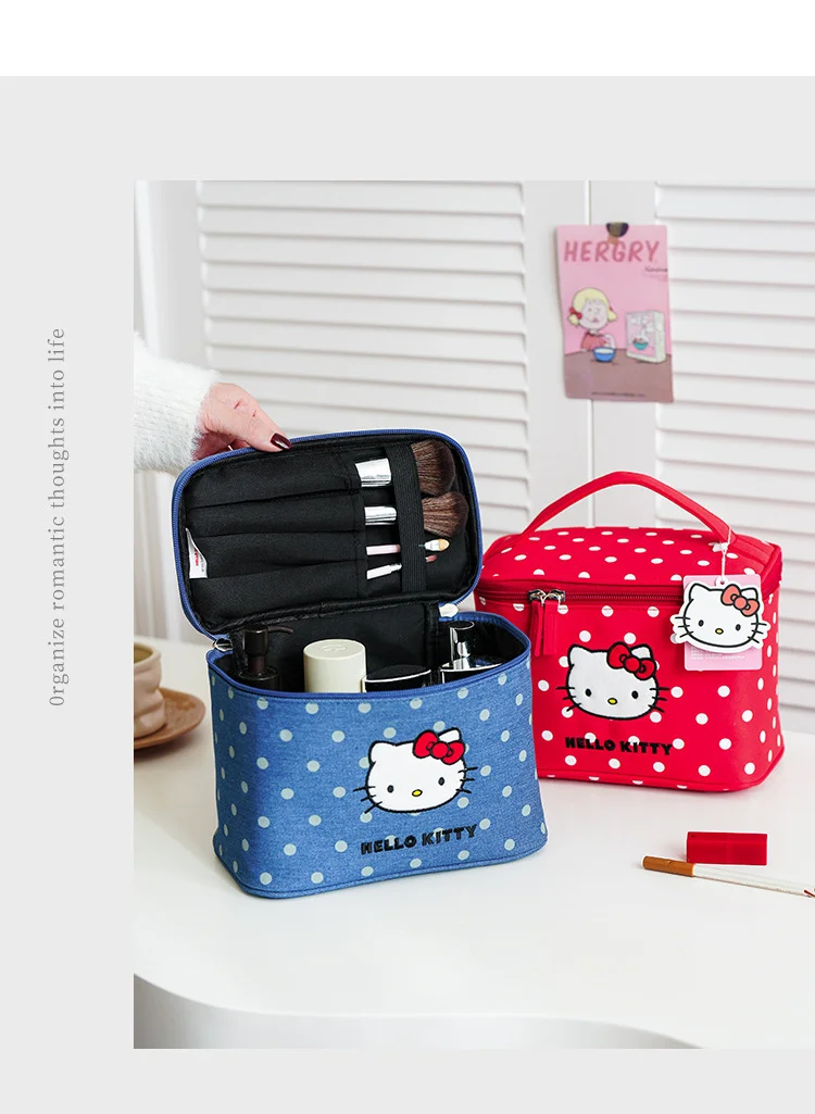 Cute Hello Kitty Portable Travel Storage Bag, Cat Polka Dot Makeup Bag, Large-Capacity Partitioned Cosmetic Storage Box
