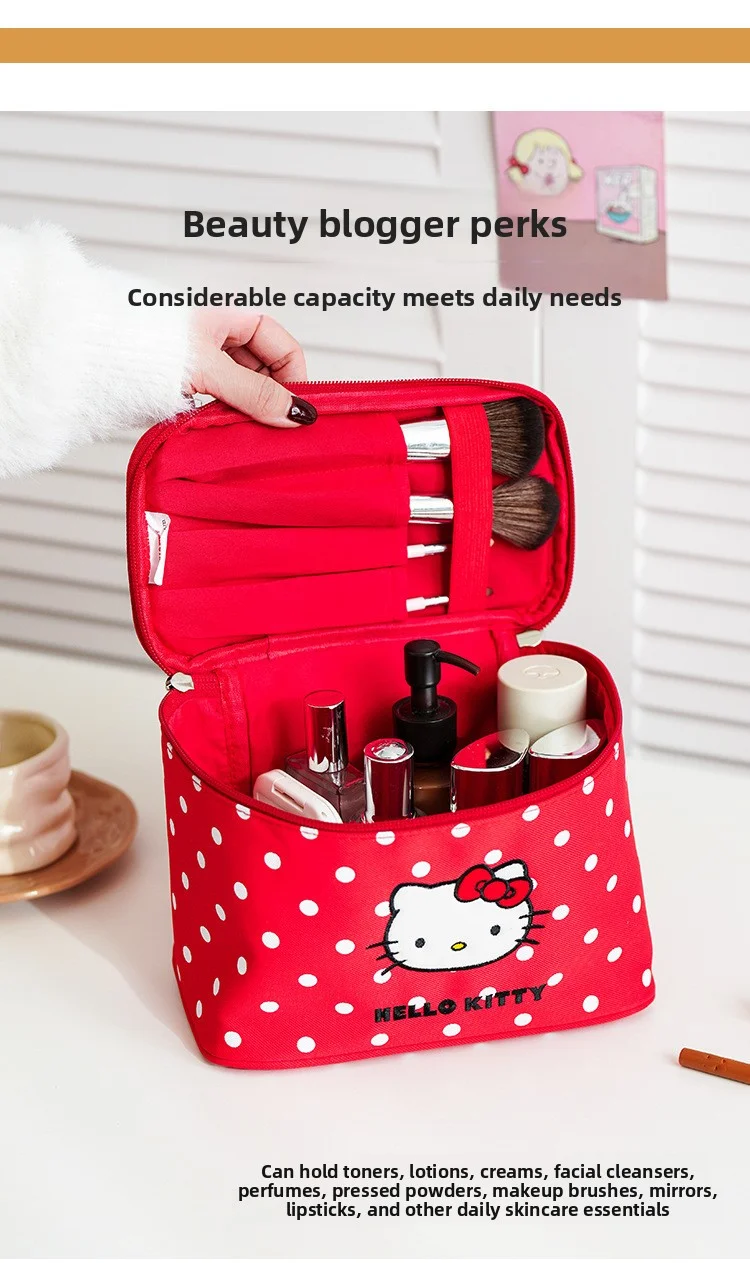 Cute Hello Kitty Portable Travel Storage Bag, Cat Polka Dot Makeup Bag, Large-Capacity Partitioned Cosmetic Storage Box