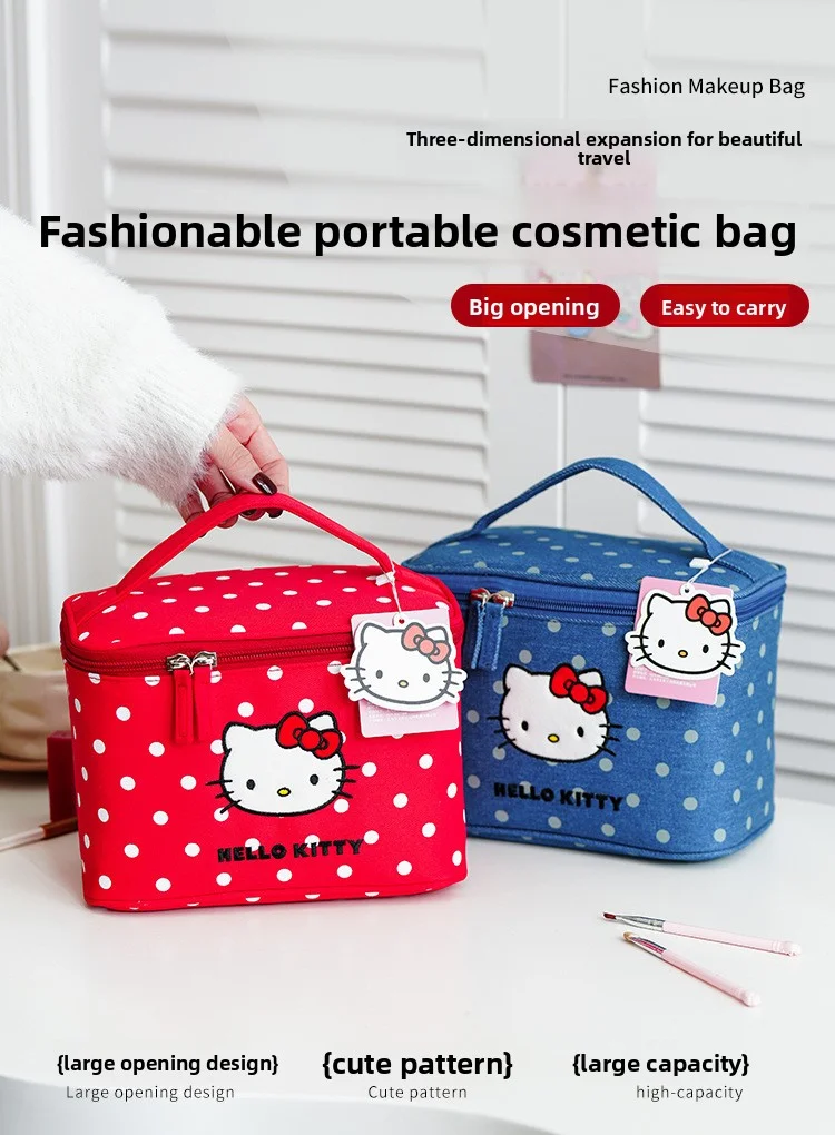 Cute Hello Kitty Portable Travel Storage Bag, Cat Polka Dot Makeup Bag, Large-Capacity Partitioned Cosmetic Storage Box